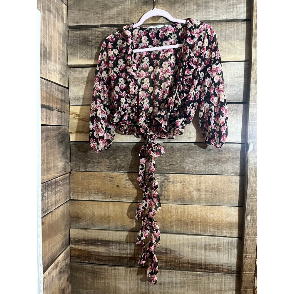 Zara Floral Ruffle Tie Front Crop Top‎ Black Pink Rose Chiffon Blouse XS